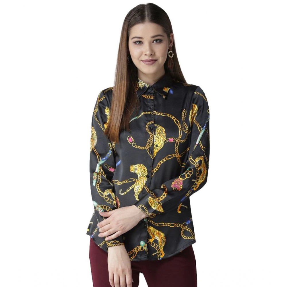 Women's Satin Printed Long Sleeves Standard Length Shirt — Black - Gold