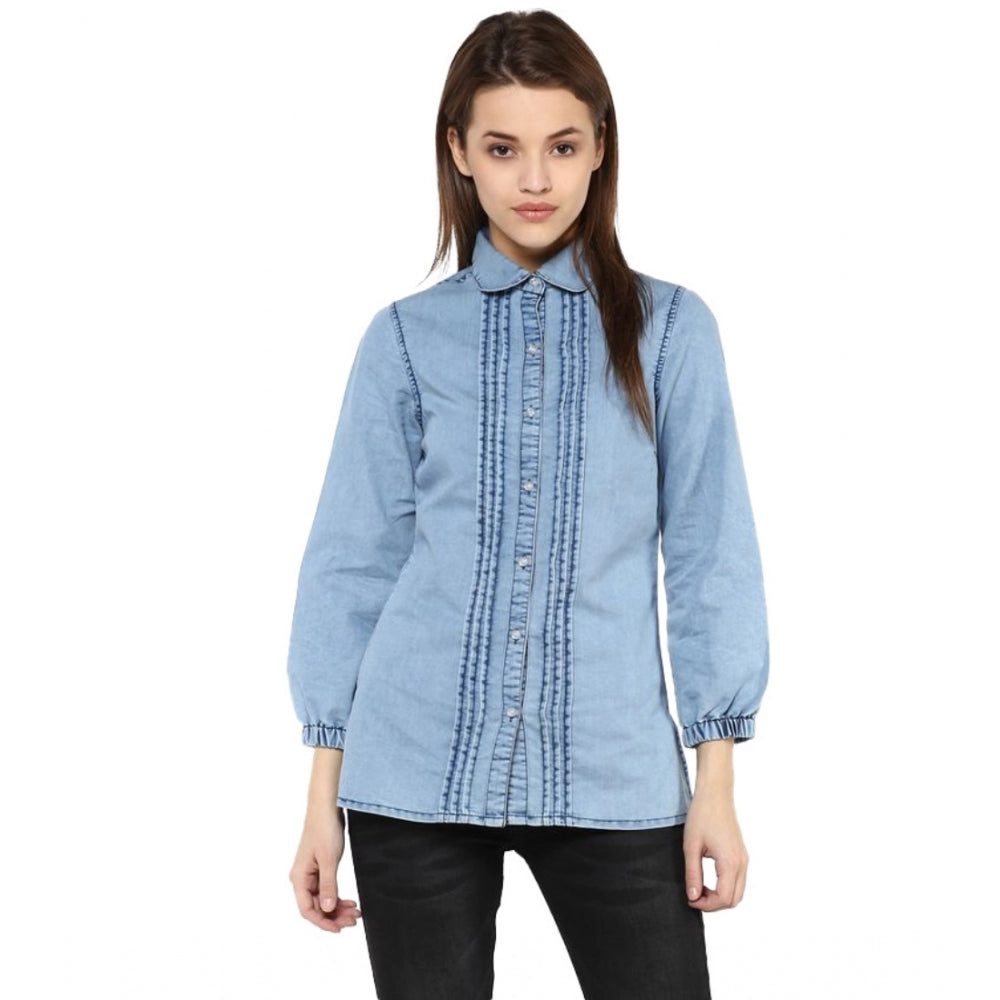 Women's Denim Solid 3-4th Sleeves Standard Length Shirt — Blue