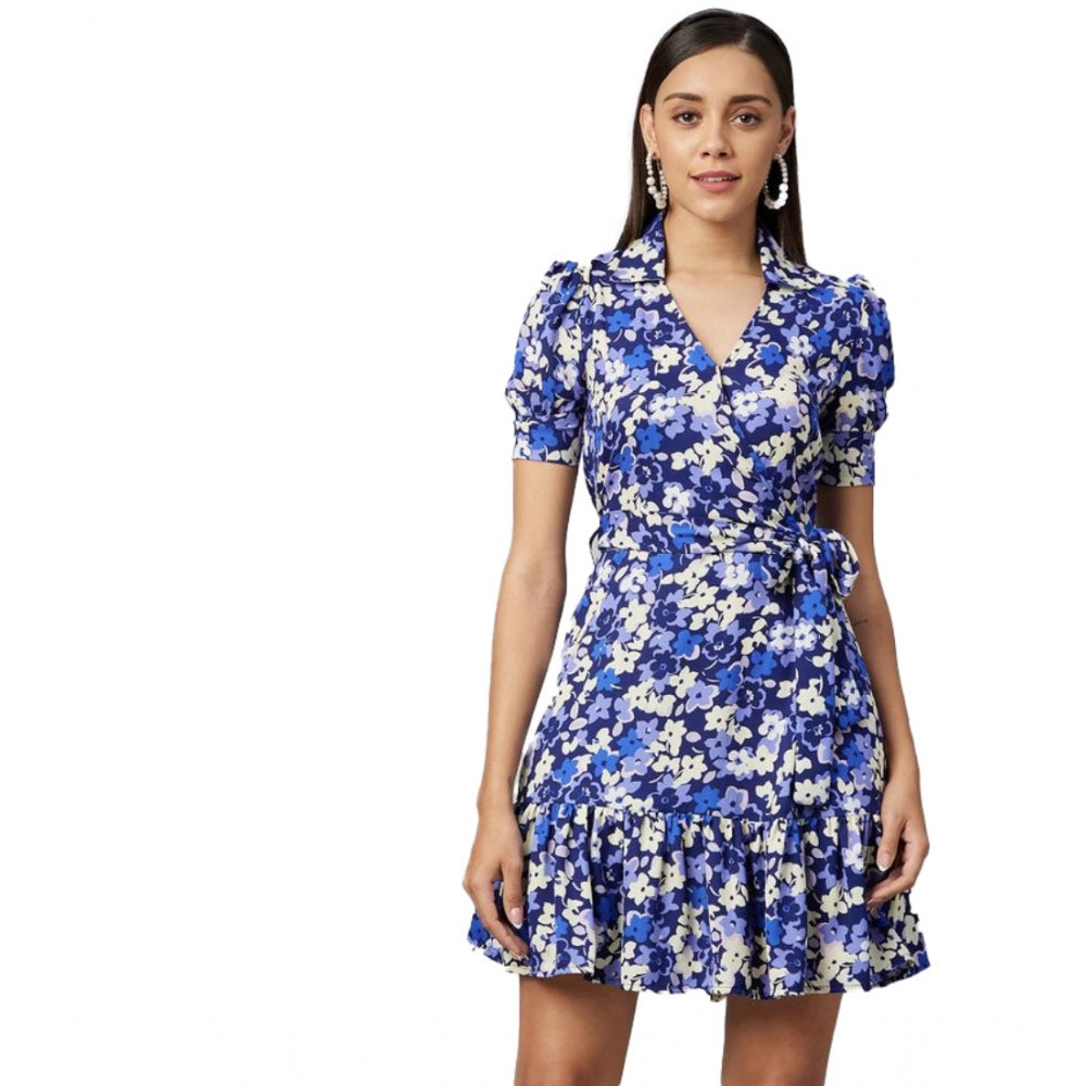 Women's Floral Short Sleeve Above Knee Dress — Blue - Purple