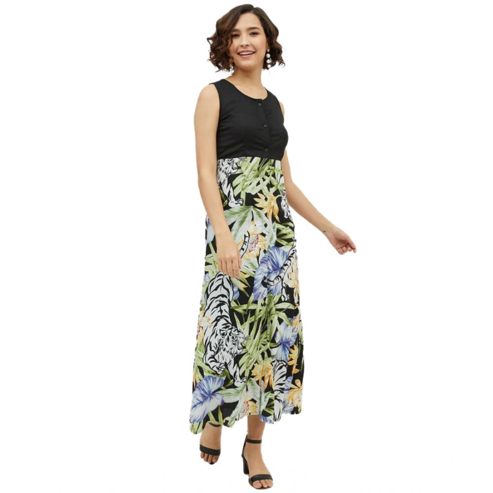 Women's Rayon Floral Sleeveless Calf-Length Dress