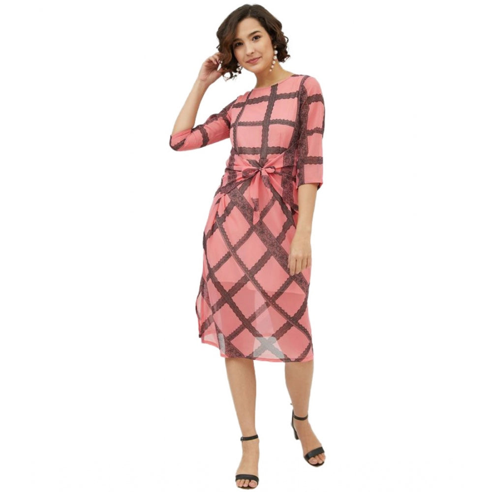 Women's Checkered 3-4th Sleeves Below Knee Dress — Pink