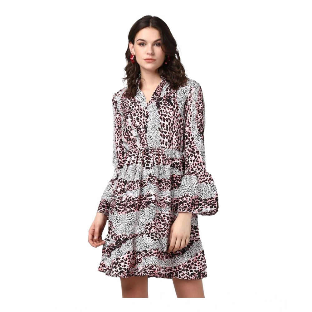 Women's Animal Print Bell Sleeve Above Knee Dress — Pink - Black