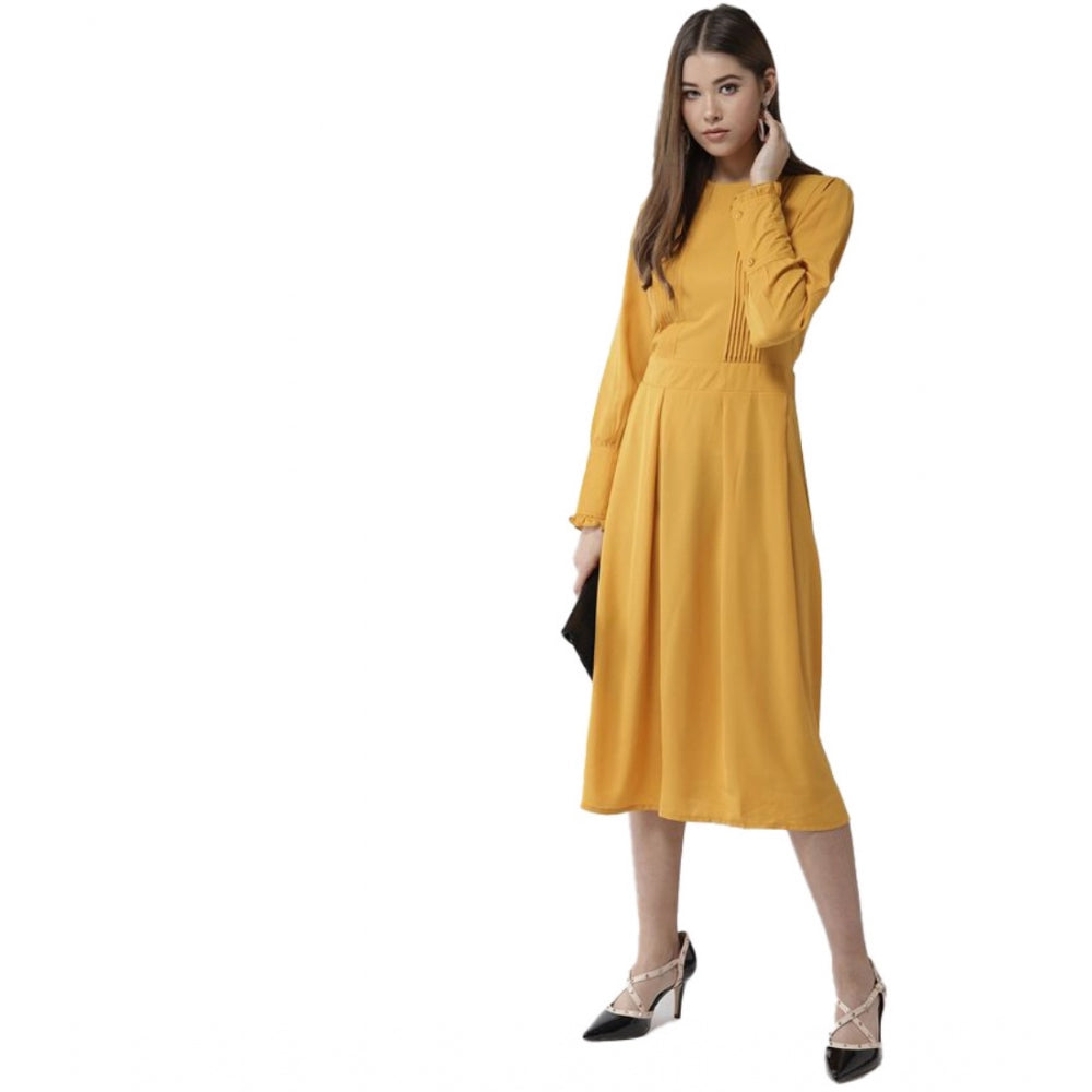 Women's Pintuck Long Sleeves Below Knee Dress — Yellow