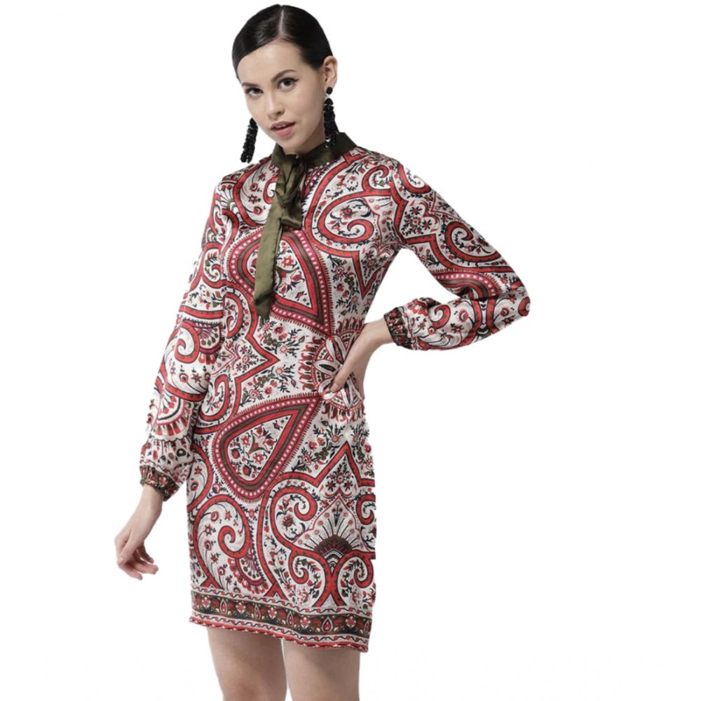 Women's Printed Long Sleeves Above Knee Dress — Red