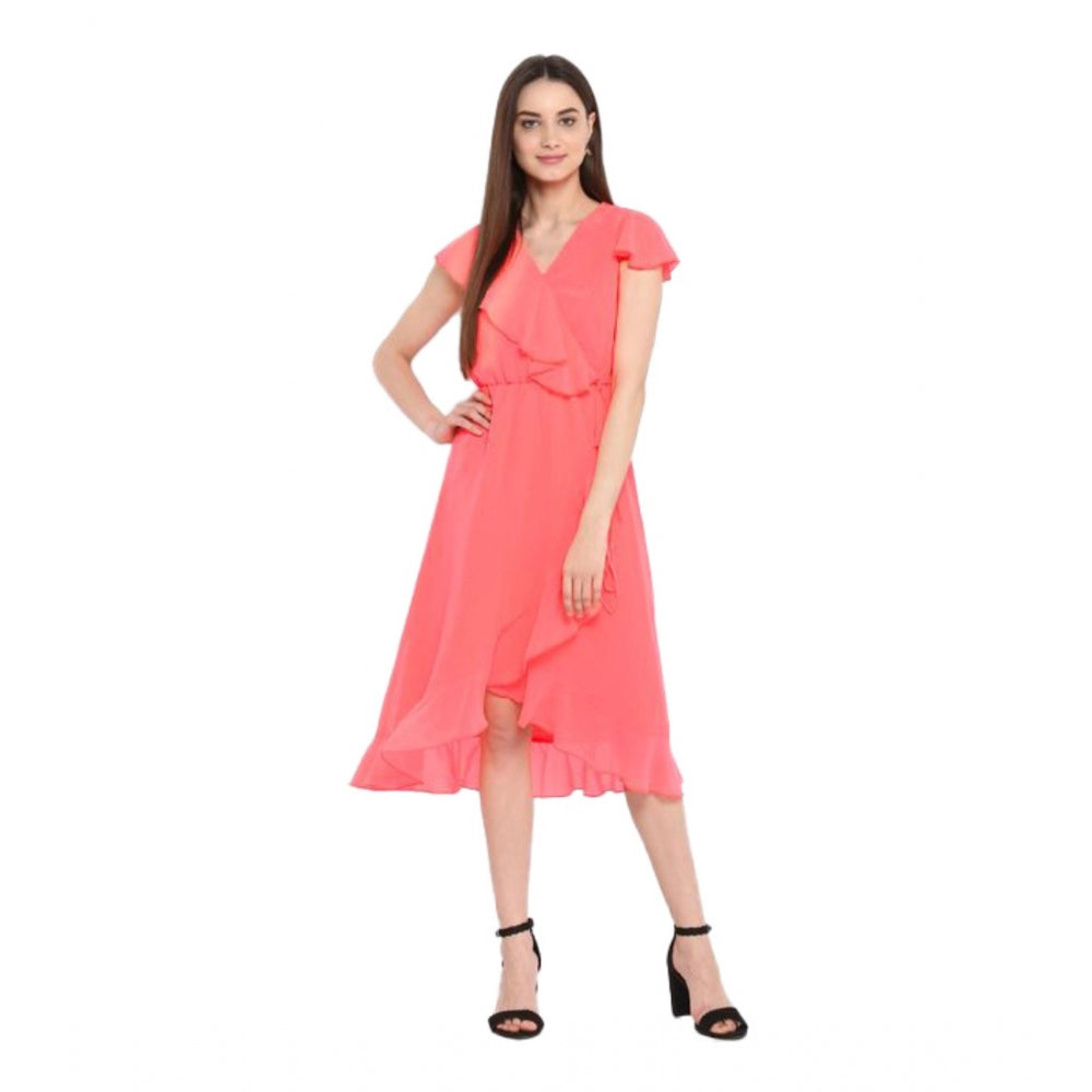 Women's Ruffled Cap Sleeve Below Knee Dress — Coral Pink