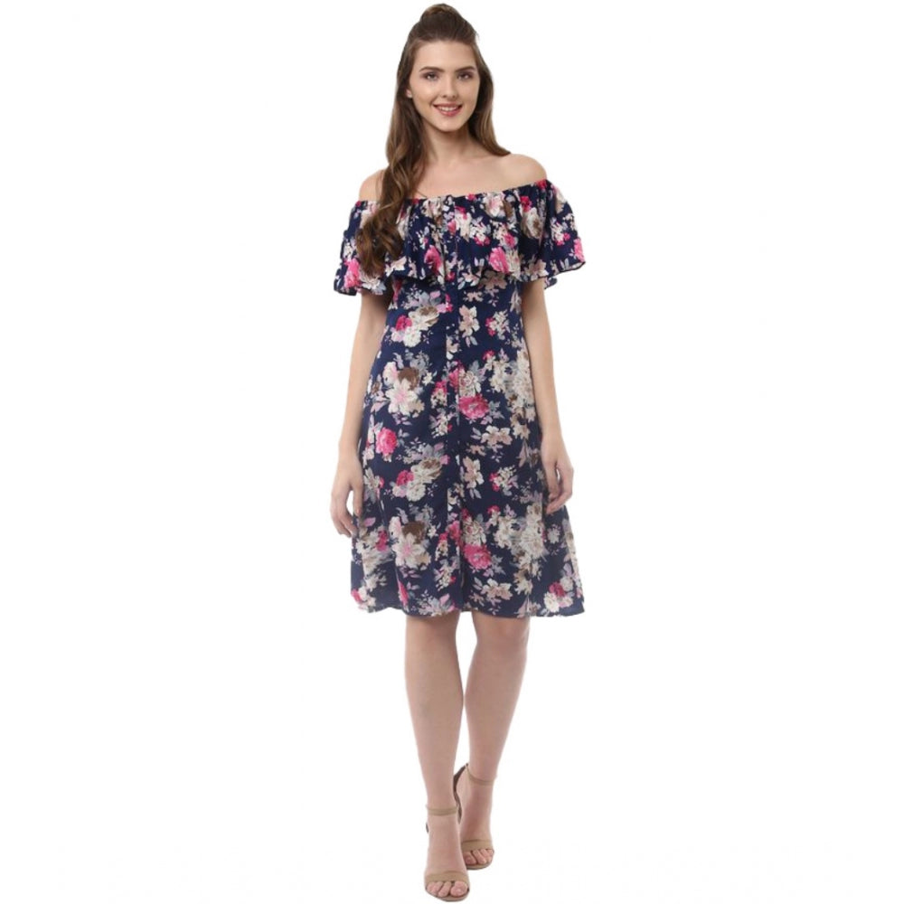 Women's Crepe Floral Half Sleeve Above Knee Dress — Navy Blue