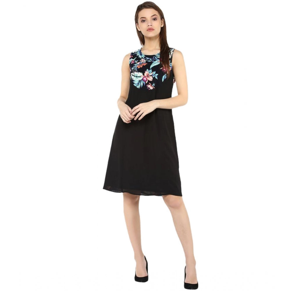 Women's Printed Sleeveless Above Knee Dress — Black - Multicolor