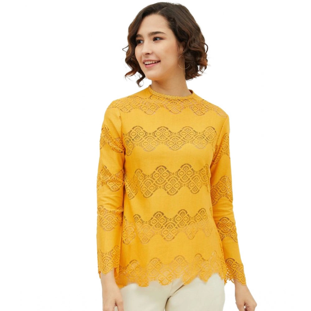 Women's Cotton Lace Inserts Long Sleeves Top — Yellow