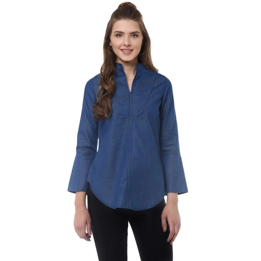 Women's Denim Solid Bell Sleeve Regular Top — Blue Denim
