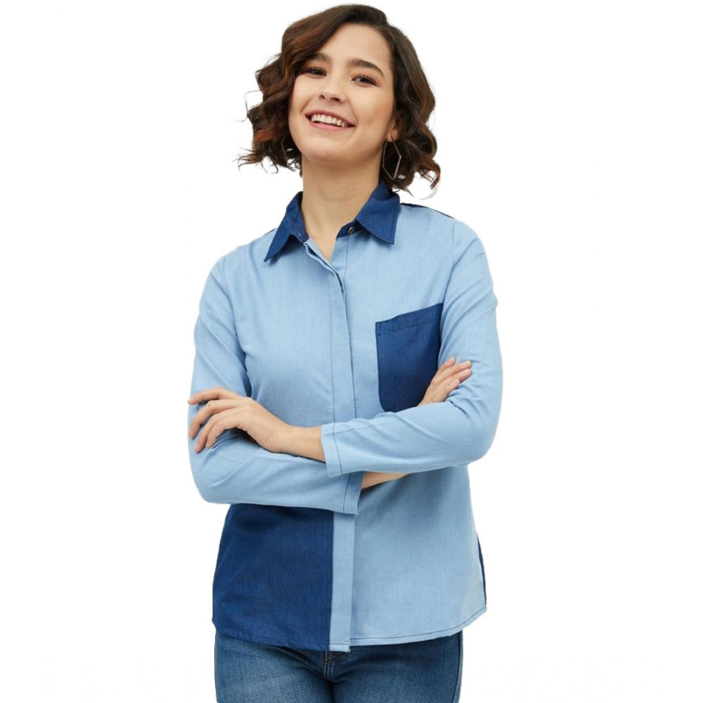 Women's Denim Patch Work Long Sleeves Standard Length Shirt — Blue