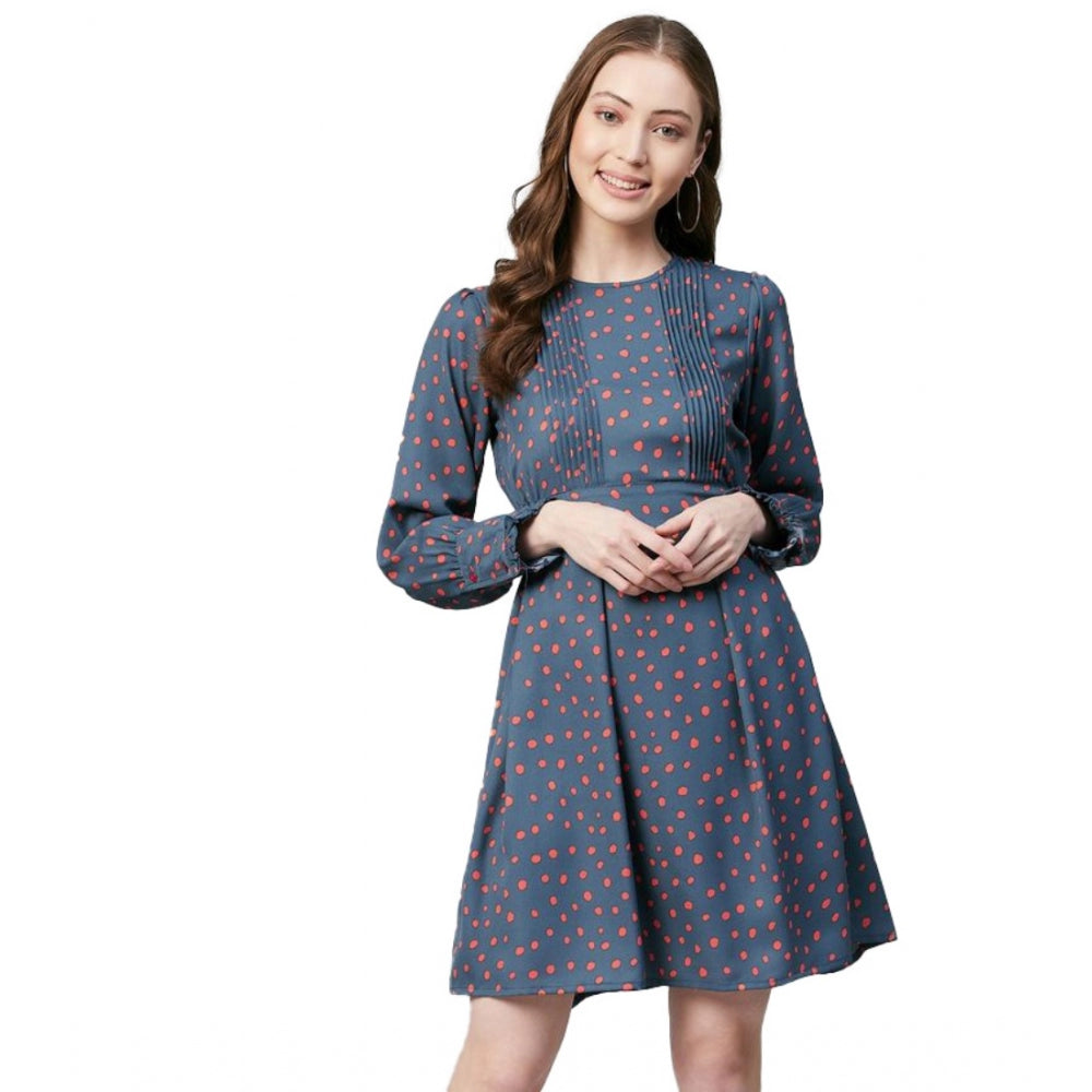 Women's Polka Long Sleeves Above Knee Dress — Grey - Coral