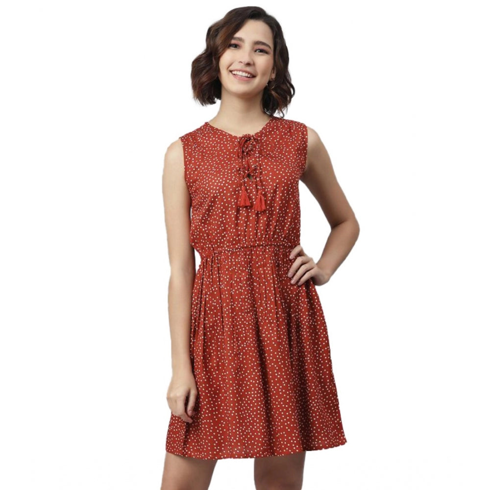 Women's Rayon Polka Sleeveless Above Knee Dress — Rust