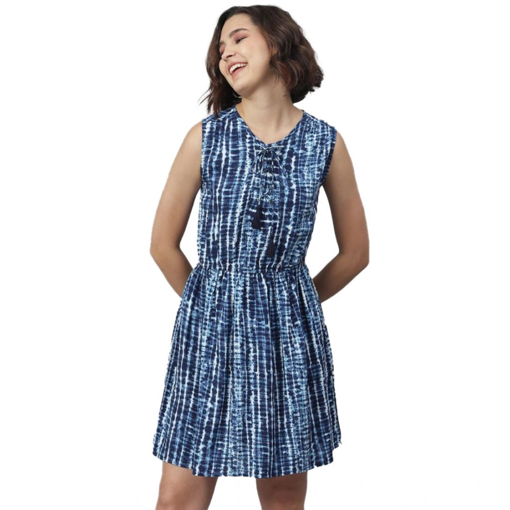 Women's Rayon Tie & Dye Sleeveless Above Knee Dress — Blue