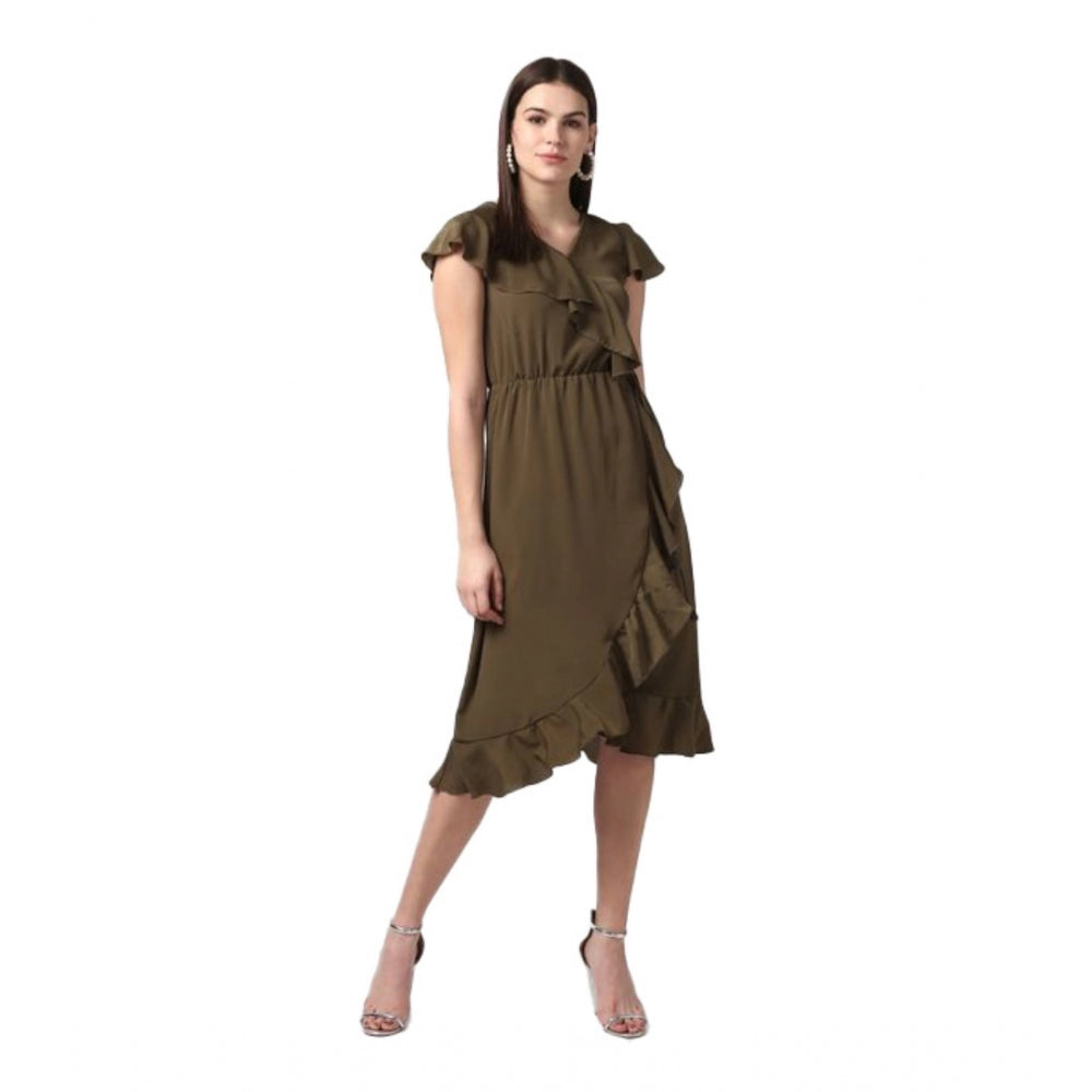 Women's Ruffled Cap Sleeve Knee-Length Dress — Olive