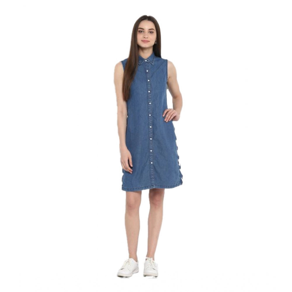 Women's Denim Solid Sleeveless Above Knee Dress — Blue · 28_L
