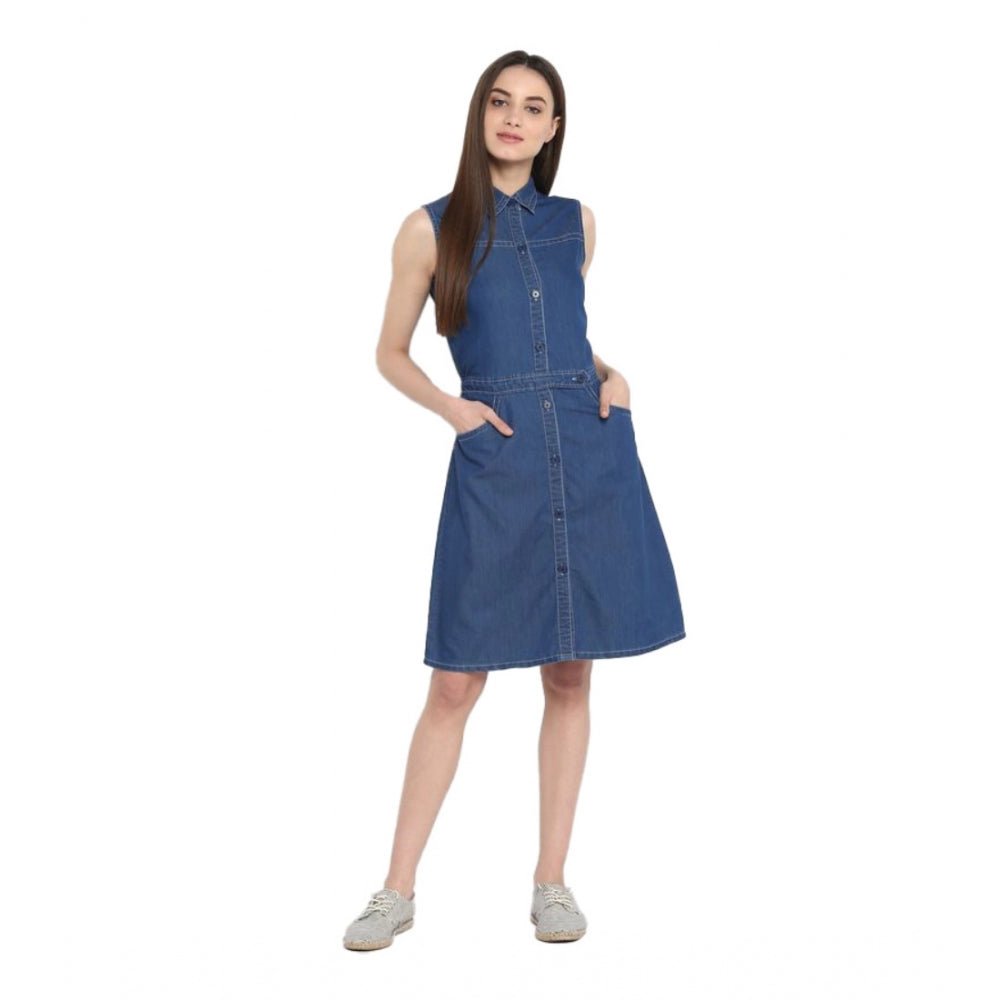 Women's Denim Solid Sleeveless Above Knee Dress — Blue · 27_L