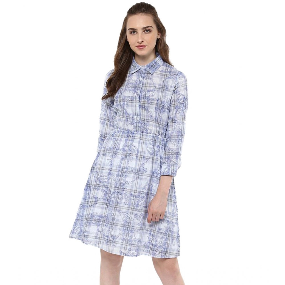 Women's Cotton Checkered Roll Up Sleeve Above Knee Dress — Blue