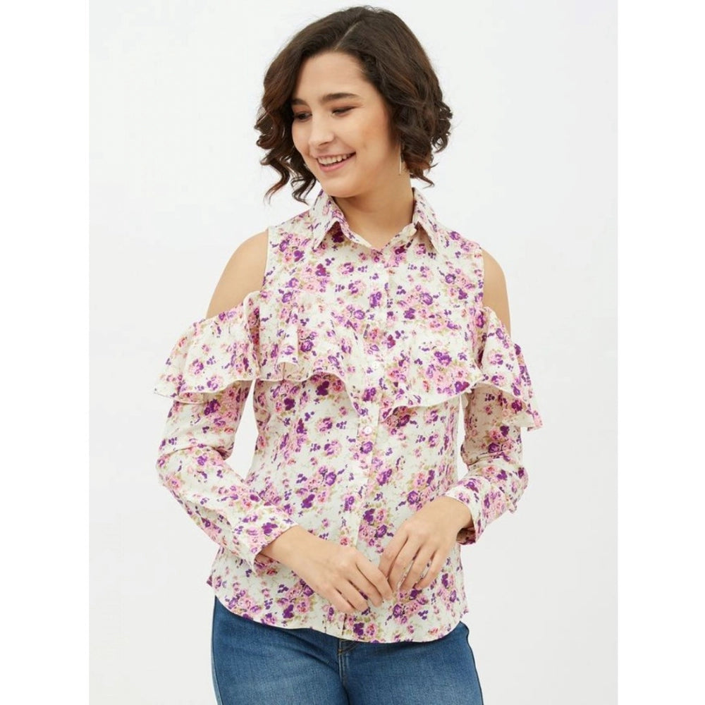 Women's Floral Cold Shoulder Standard Length Shirt — White
