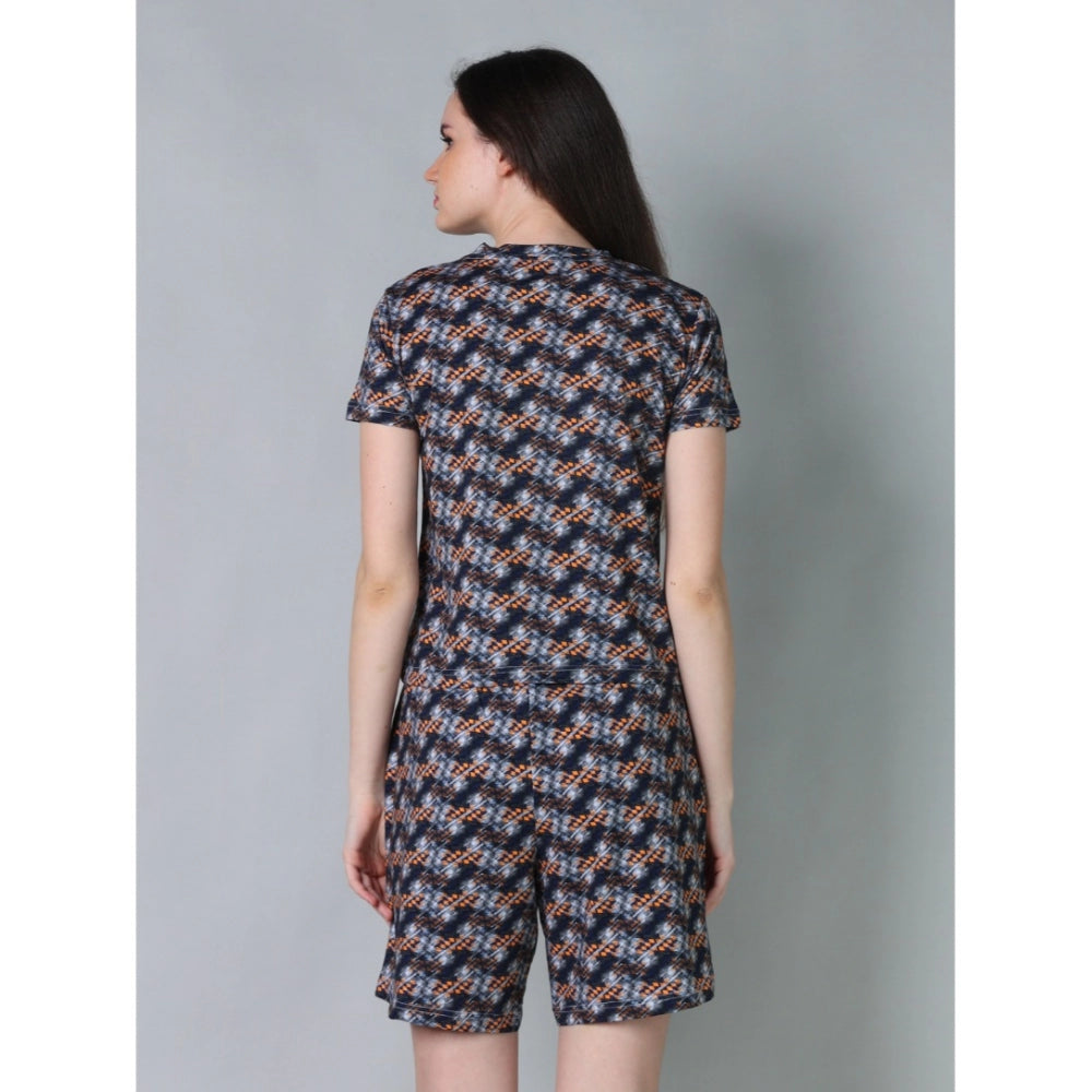 Women's Cotton Blended Printed Round Neck Half Sleeve Top — Blue-Brown