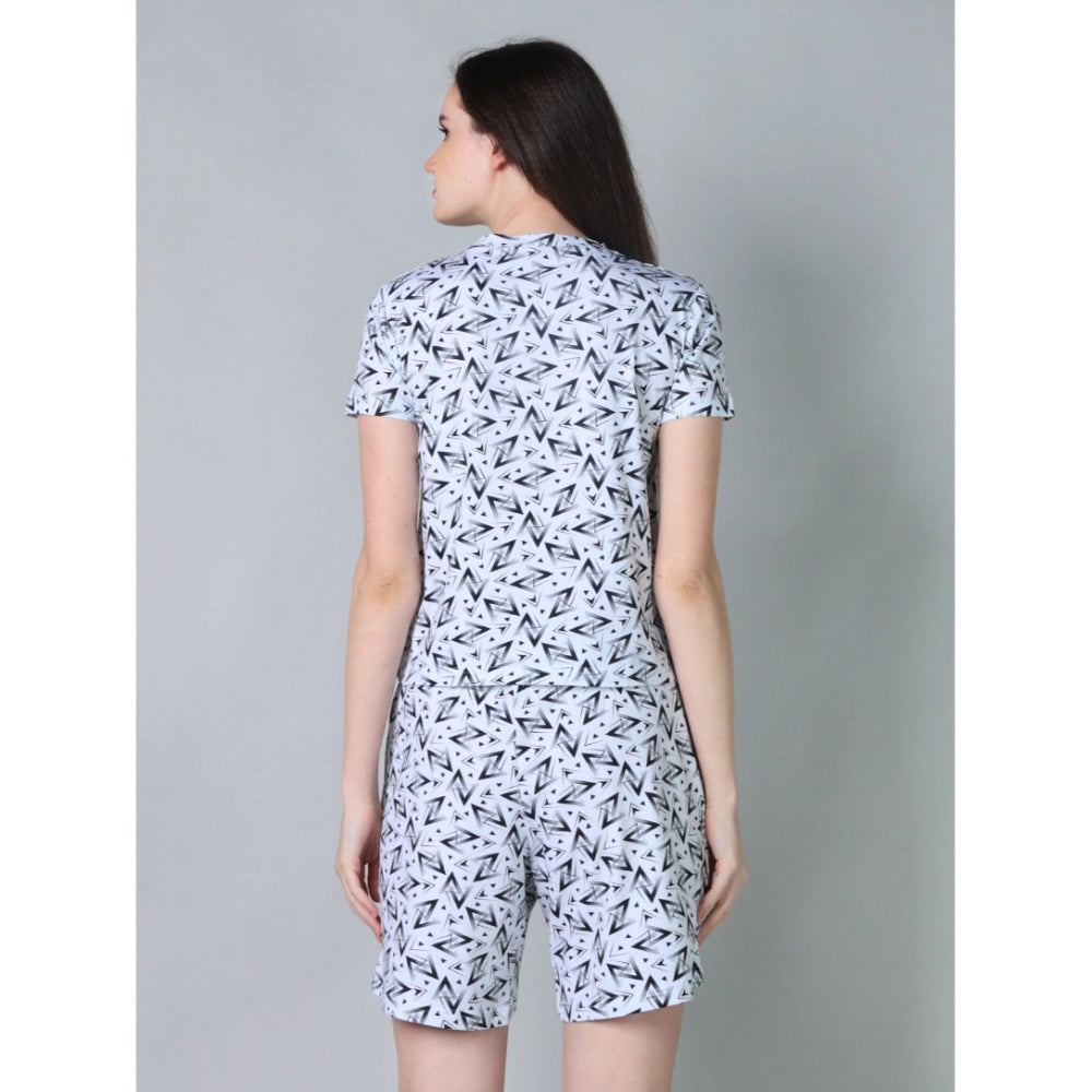Women's Cotton Blended Printed Round Neck Half Sleeve Top — White-Black