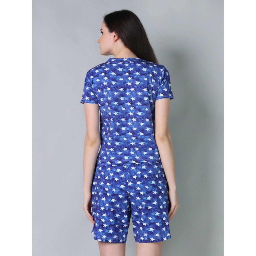 Women's Cotton Blended Printed Round Neck Half Sleeve Top — Blue · le_L
