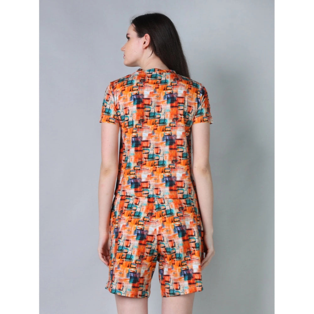 Women's Cotton Blended Printed Round Neck Half Sleeve Top — Orange