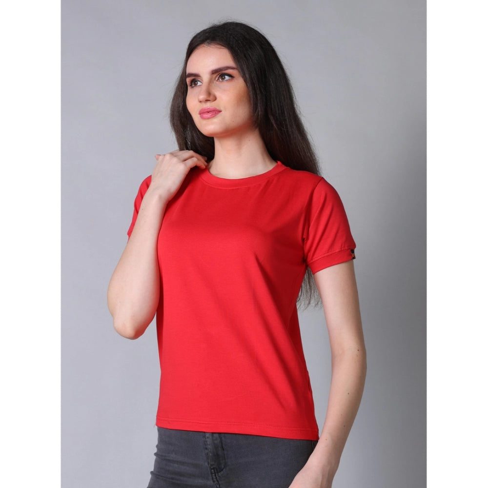 Women's Cotton Blended Solid Round Neck Half Sleeve T-Shirt — Red