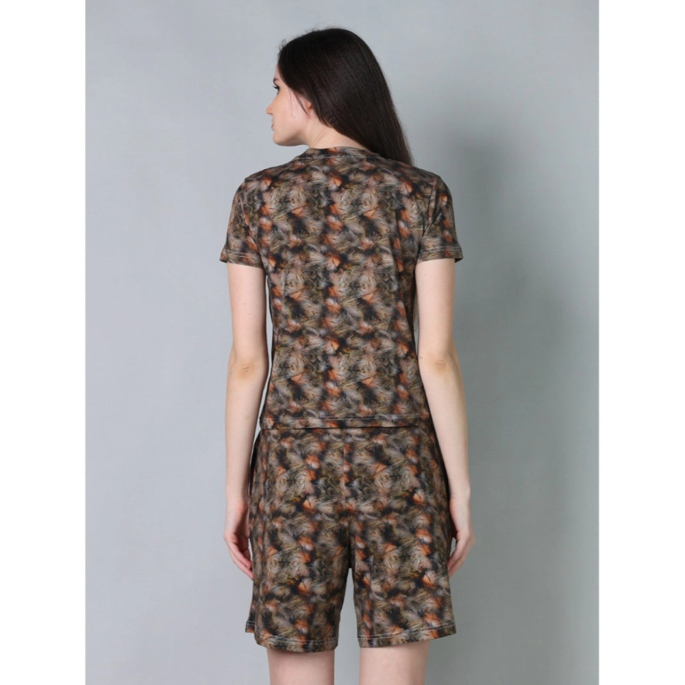 Women's Cotton Blended Printed Round Neck Half Sleeve Top — Brown