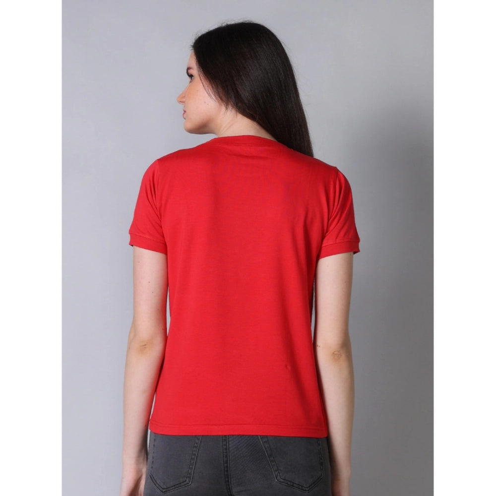 Women's Cotton Blended Solid Round Neck Half Sleeve T-Shirt — Red