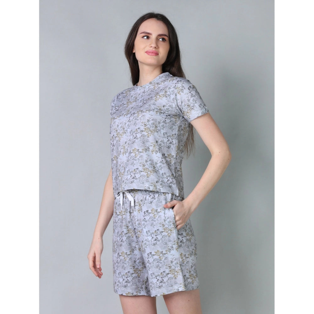 Women's Cotton Blended Printed Round Neck Half Sleeve Top — Grey · ry_L