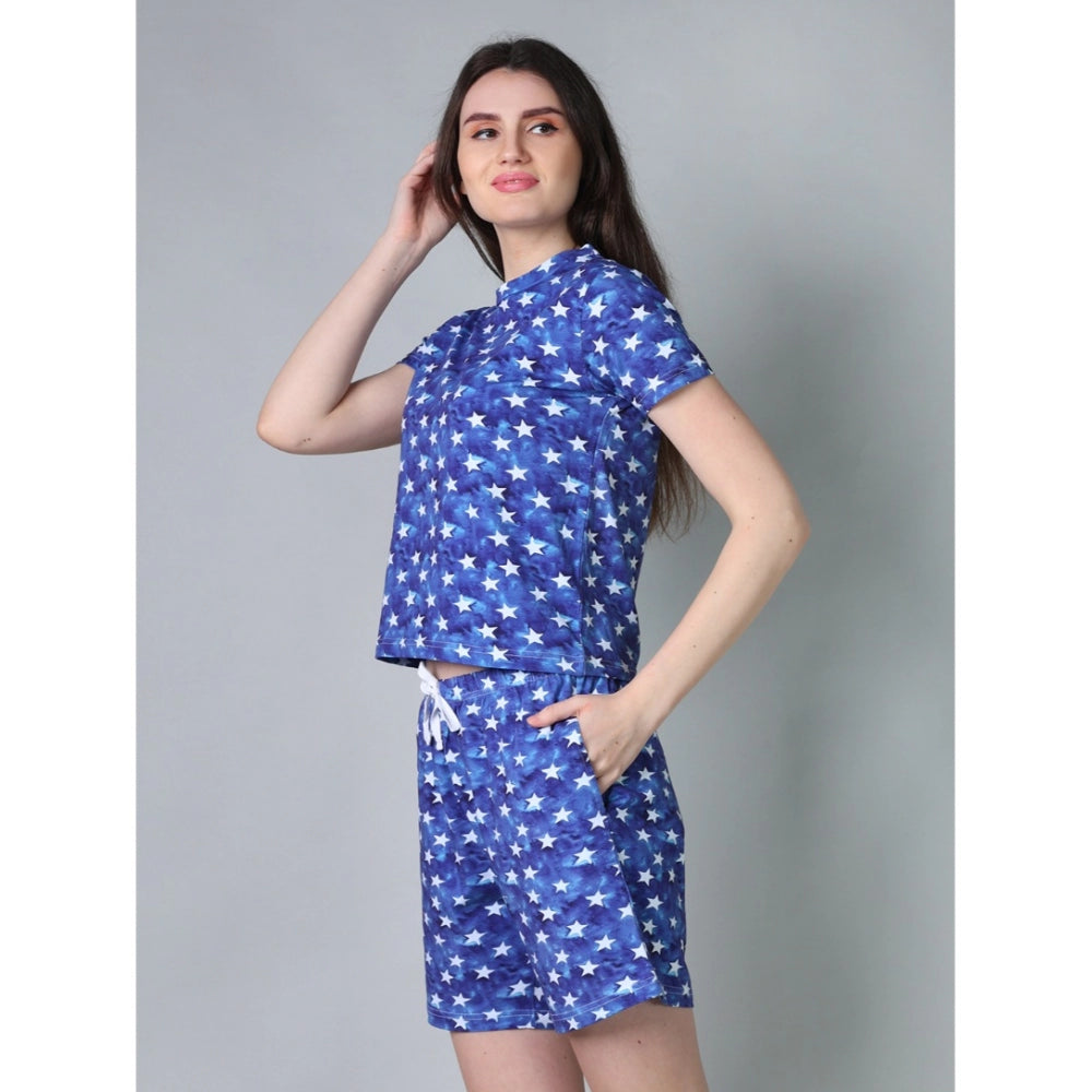 Women's Cotton Blended Printed Round Neck Half Sleeve Top — Blue · le_L