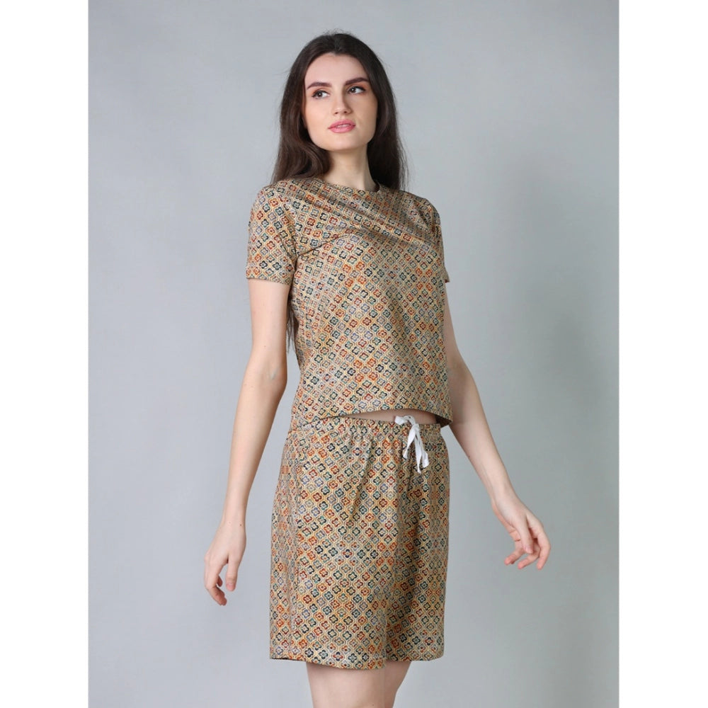 Women's Cotton Blended Printed Round Neck Half Sleeve Top — Beige