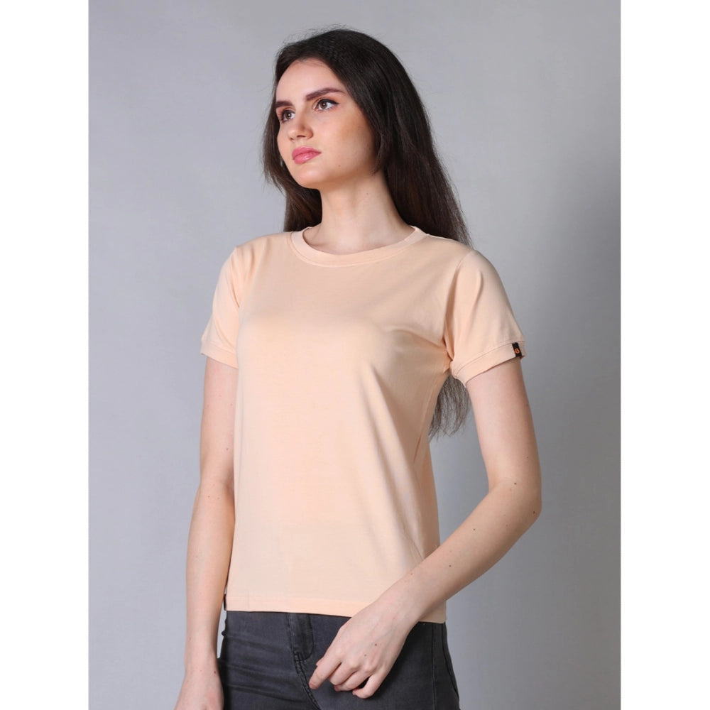 Women's Cotton Blended Solid Round Neck Half Sleeve T-Shirt — Peach