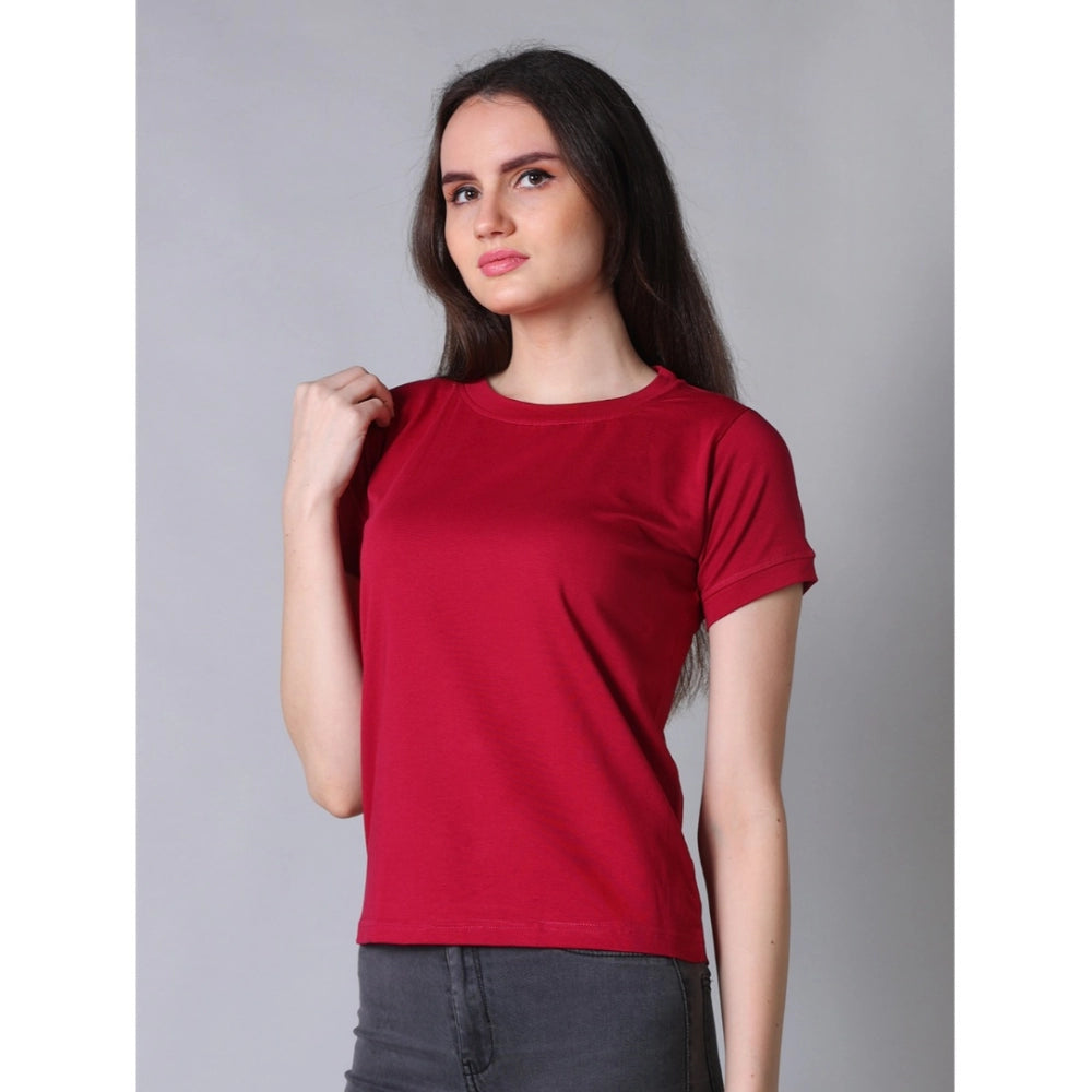 Women's Cotton Blended Solid Round Neck Half Sleeve T-Shirt — Maroon