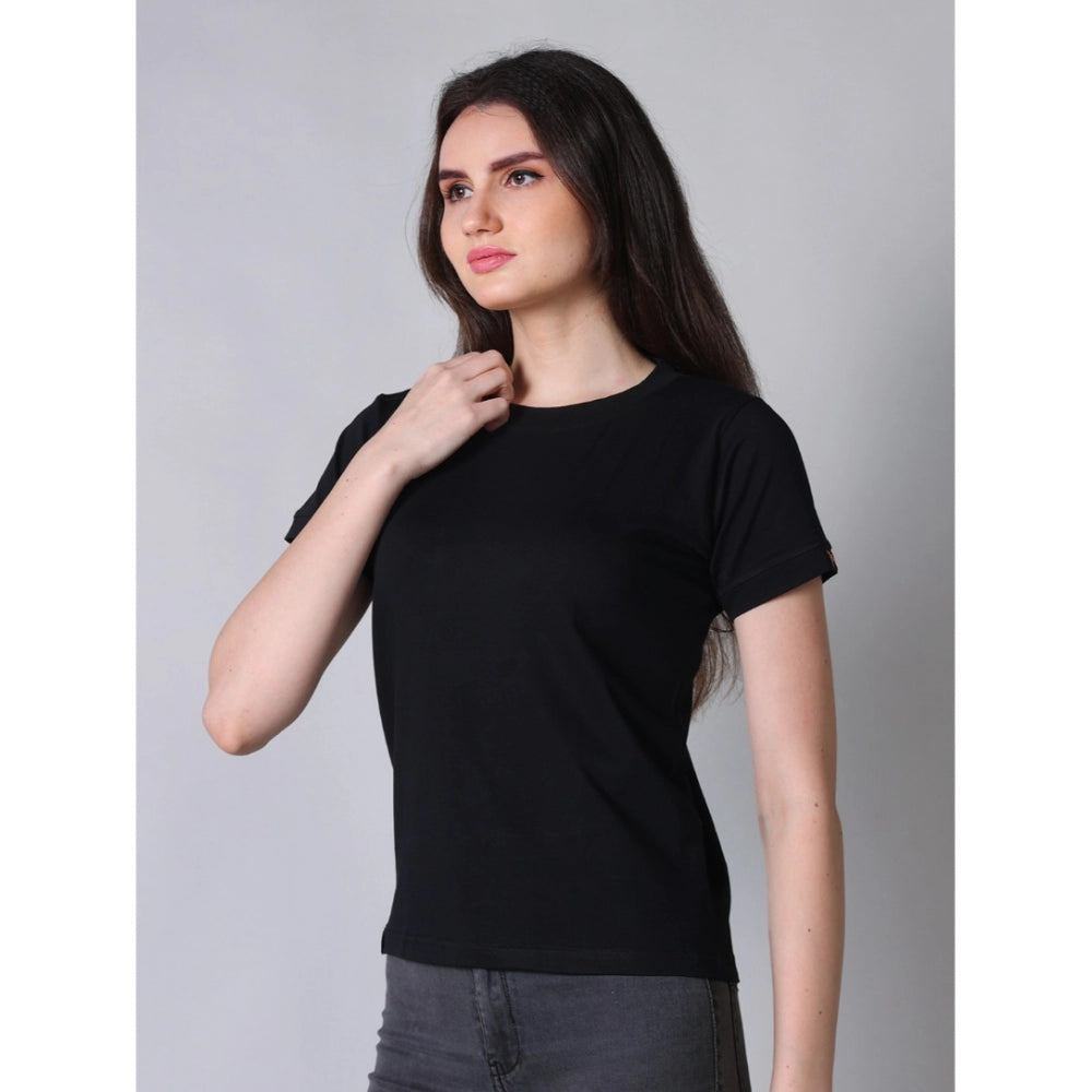 Women's Cotton Blended Solid Round Neck Half Sleeve T-Shirt — Black