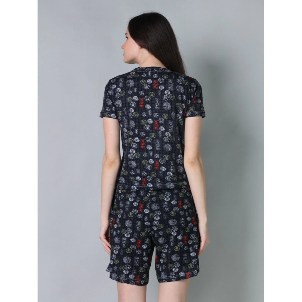 Women's Cotton Blended Printed Round Neck Half Sleeve Top — Black