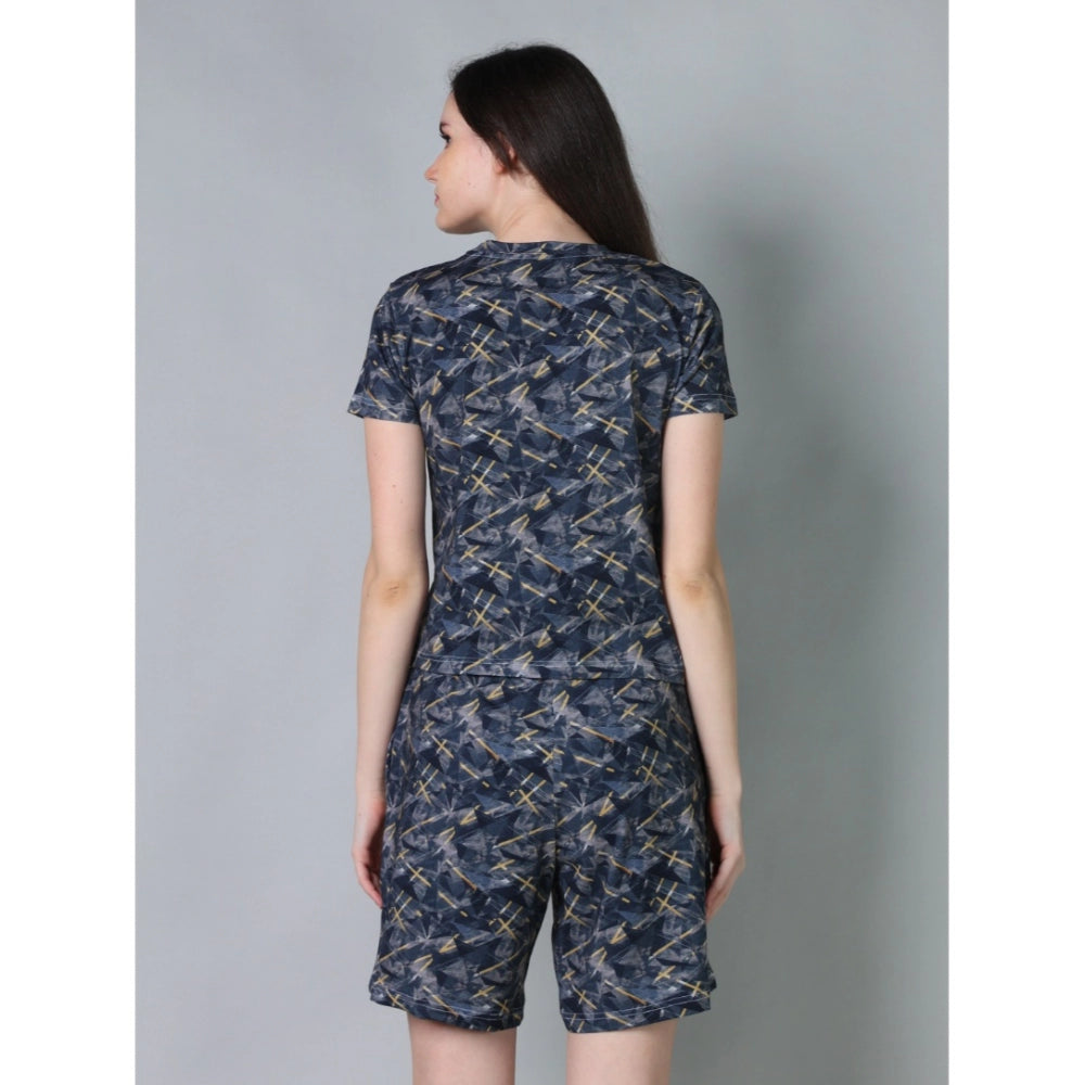 Women's Cotton Blended Printed Round Neck Half Sleeve Top — Navy