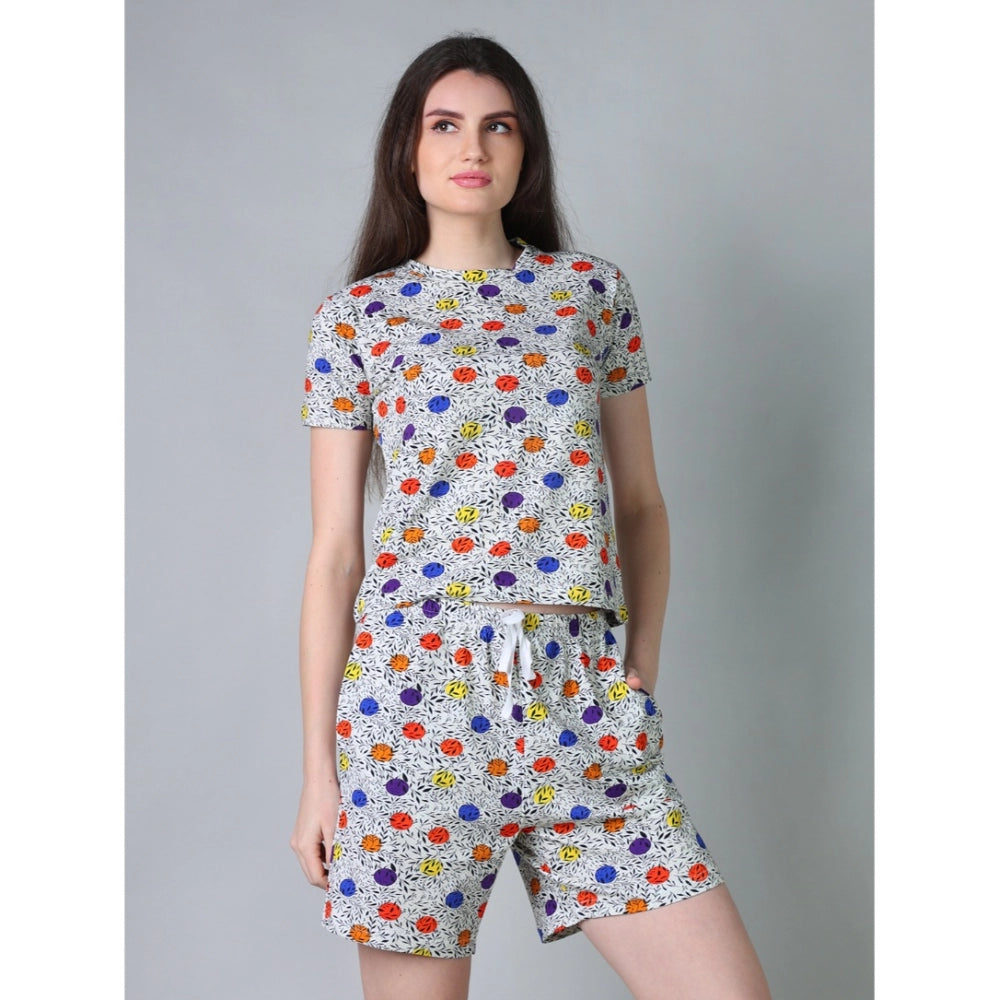 Women's Cotton Blended Printed Round Neck Half Sleeve Top — Grey · ey_L