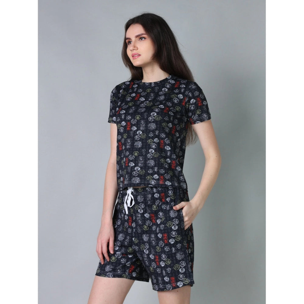 Women's Cotton Blended Printed Round Neck Half Sleeve Top — Black