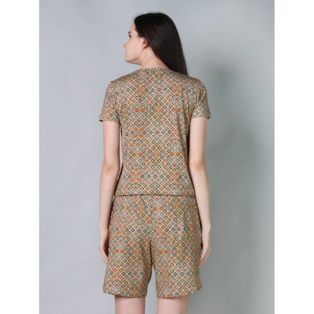 Women's Cotton Blended Printed Round Neck Half Sleeve Top — Beige