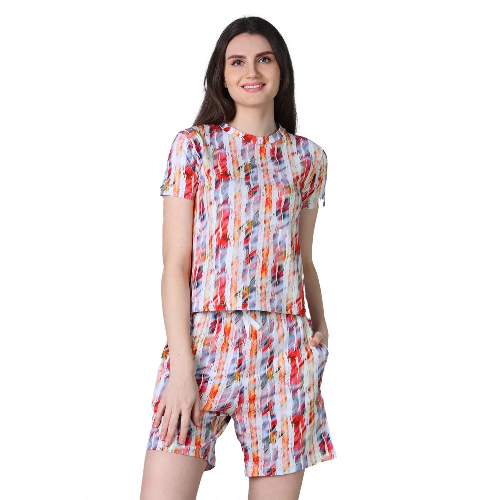 Women's Cotton Blended Printed Round Neck Half Sleeve Top — Red