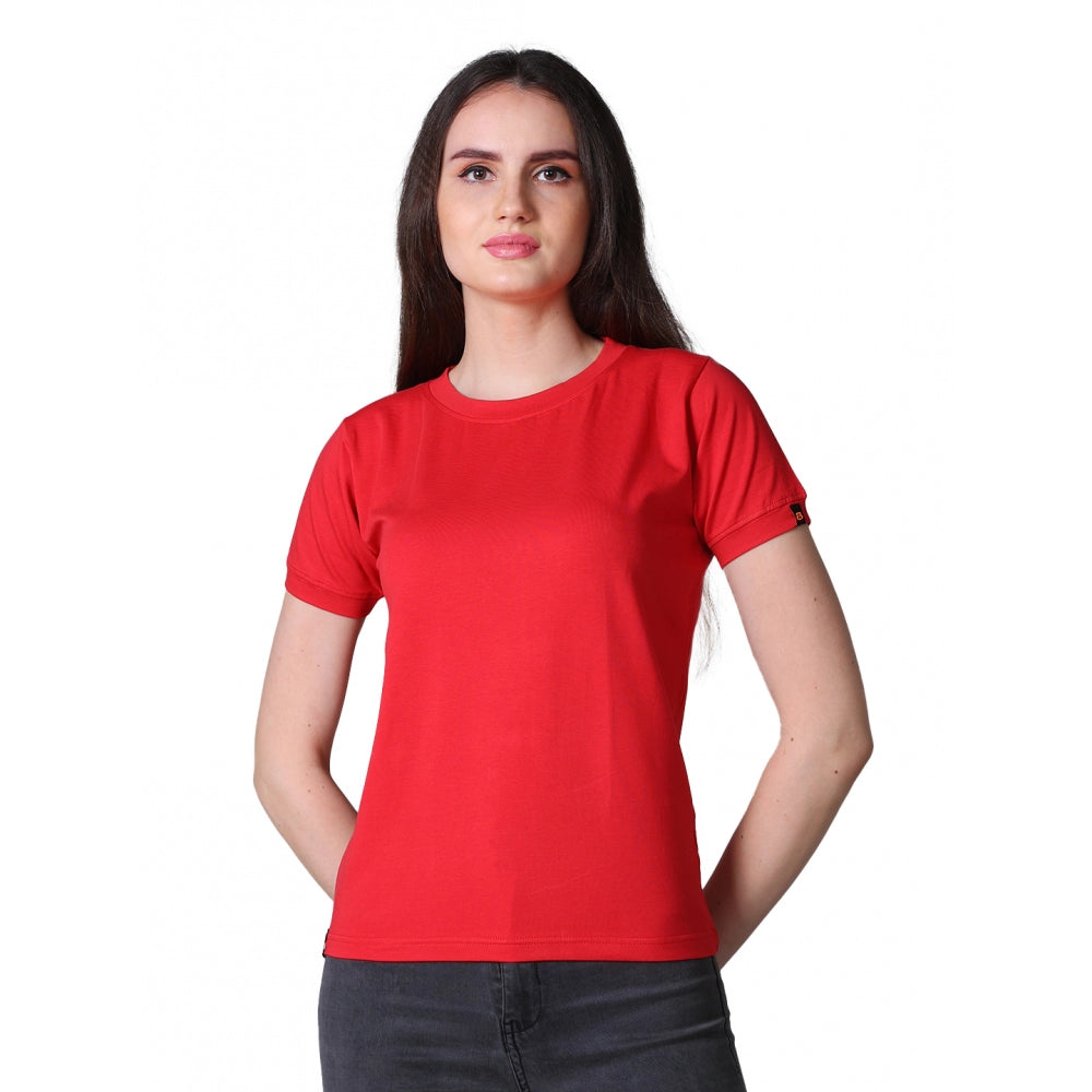 Women's Cotton Blended Solid Round Neck Half Sleeve T-Shirt — Red
