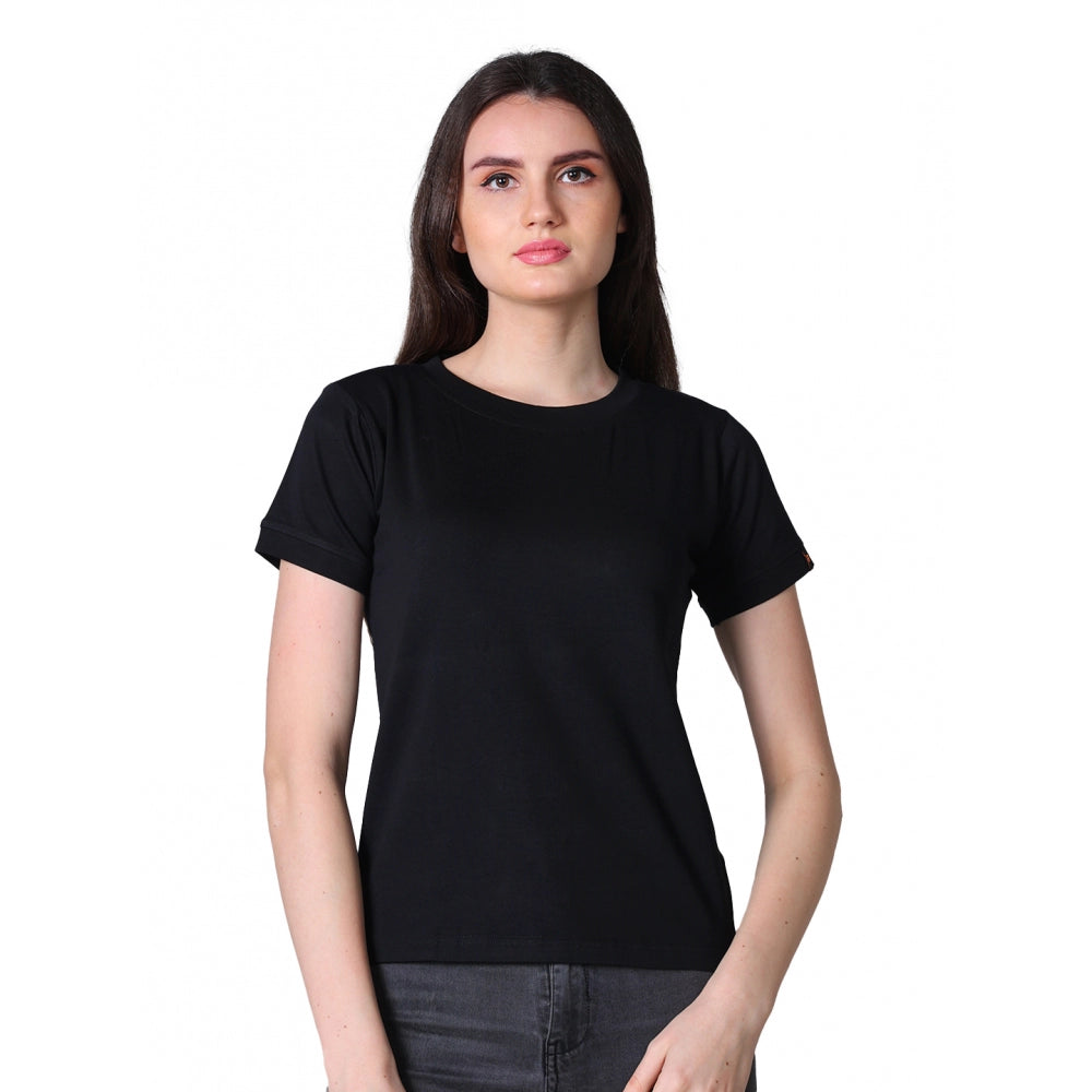 Women's Cotton Blended Solid Round Neck Half Sleeve T-Shirt — Black