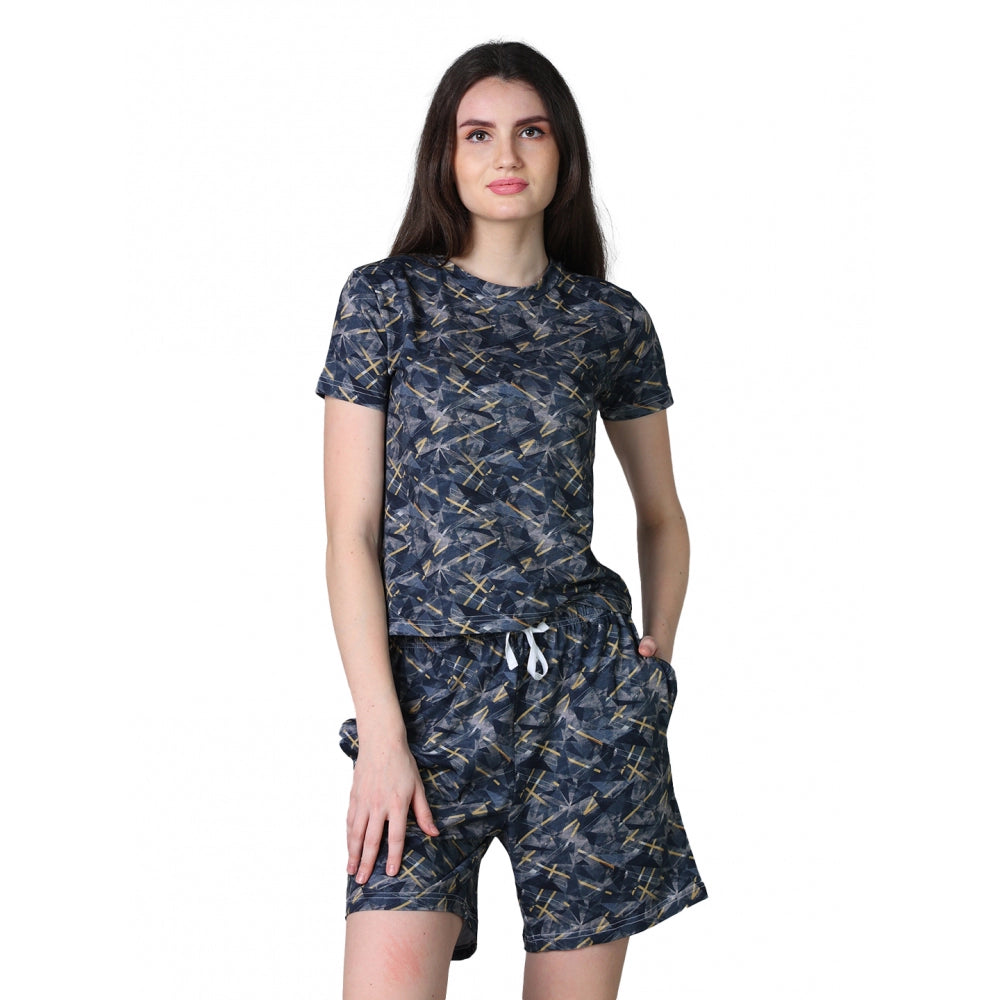 Women's Cotton Blended Printed Round Neck Half Sleeve Top — Navy