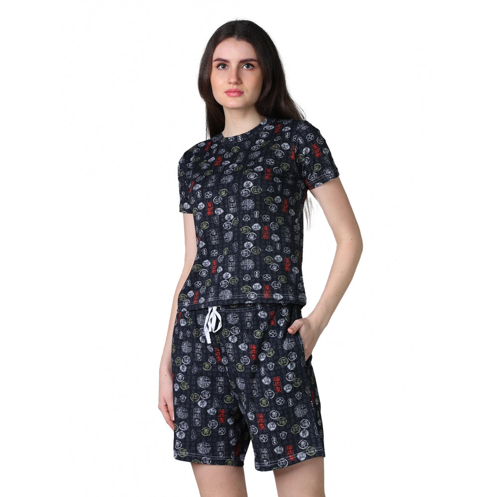 Women's Cotton Blended Printed Round Neck Half Sleeve Top — Black