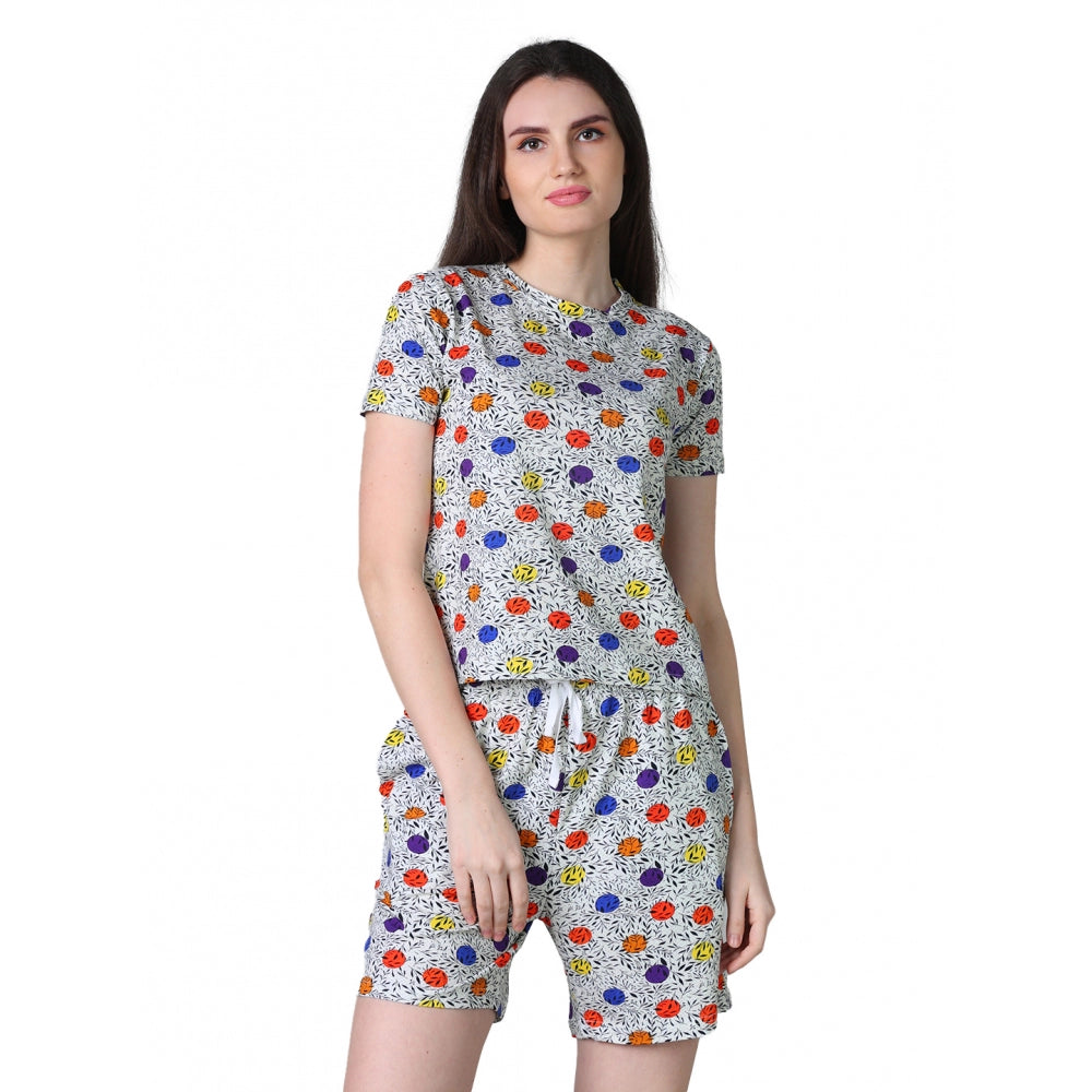 Women's Cotton Blended Printed Round Neck Half Sleeve Top — Grey · ey_L