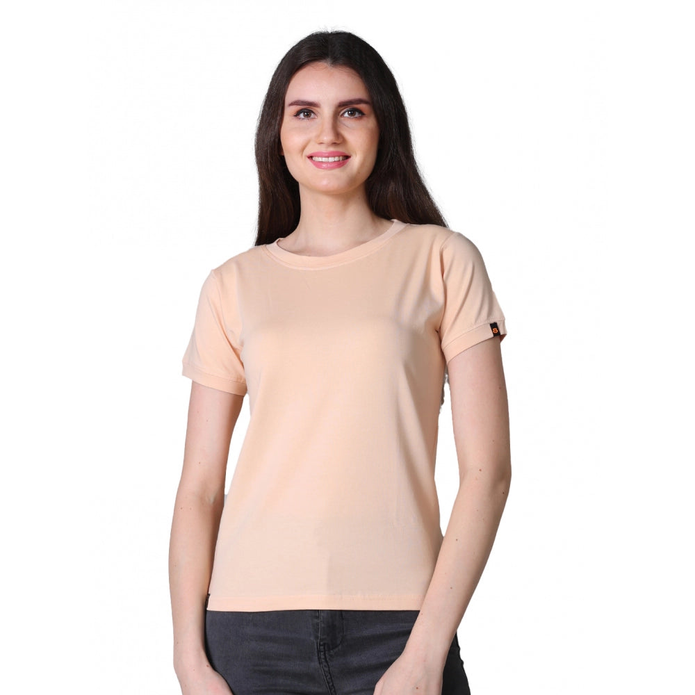 Women's Cotton Blended Solid Round Neck Half Sleeve T-Shirt — Peach