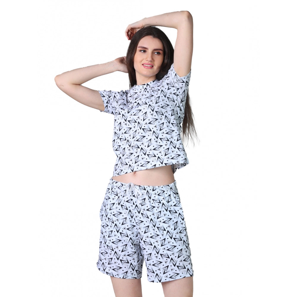Women's Cotton Blended Printed Round Neck Half Sleeve Top — White-Black
