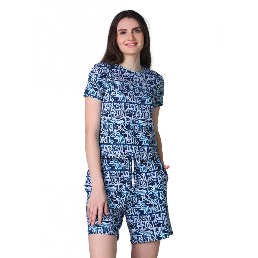 Women's Cotton Blended Printed Round Neck Half Sleeve Top — White-Blue