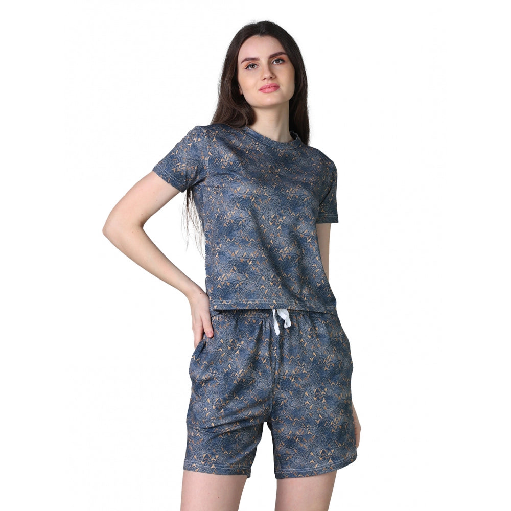 Women's Cotton Blended Printed Round Neck Half Sleeve Top — Blue · le_L